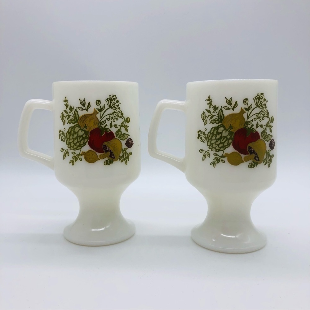RETRO MUSHROOM PEDESTAL MILK GLASS COFFEE MUGS - SET OF 2